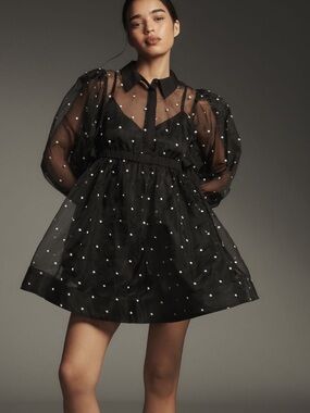 NWT Anthropologie Maeve Black Sheer Polka Dot Puff-Sleeve Mini Dress